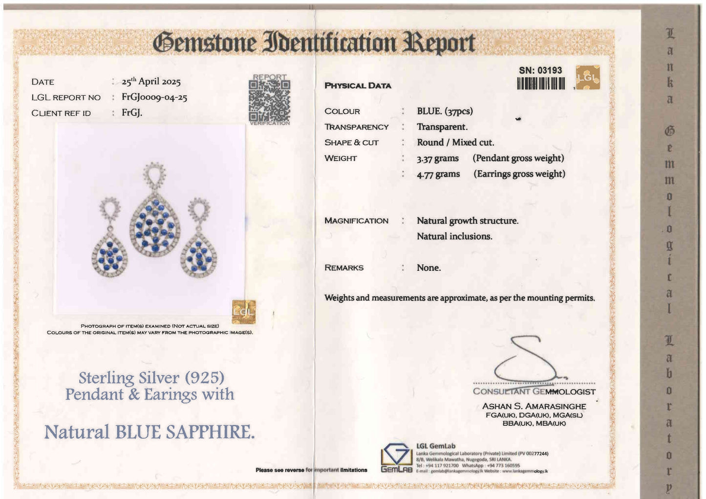 Sterling silver earrings and pendant featuring exquisite Ceylon natural blue sapphires (Certified)