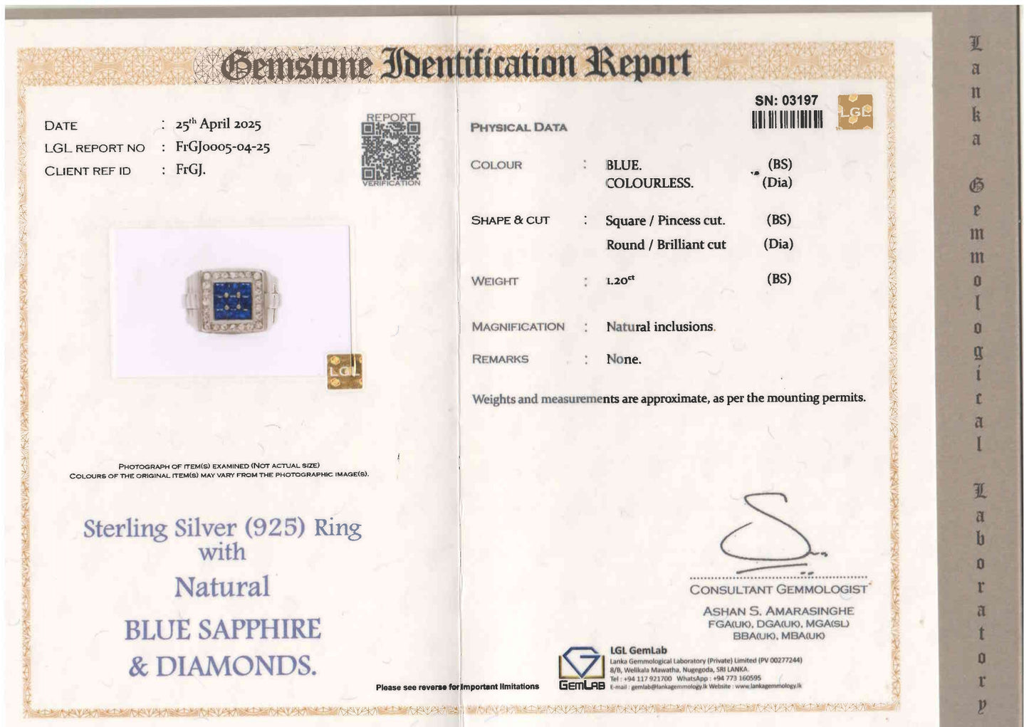 Elegant 925 Silver Mens' Ring - Natural Ceylon Blue Sapphires and Natural Diamonds (Certified)
