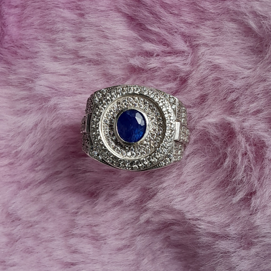 Natural Ceylon Blue Sapphire mounted Hand made 925 Sterling Silver Rolex mens' Ring (Certified)