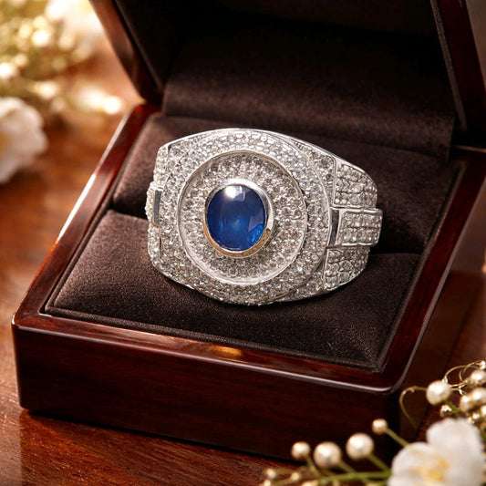 Natural Ceylon Blue Sapphire mounted Hand made 925 Sterling Silver Rolex mens' Ring (Certified)