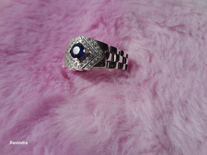 Natural Ceylon Blue Sapphire mounted Hand made 925 Sterling Silver Rolex mens' Ring (Certified)