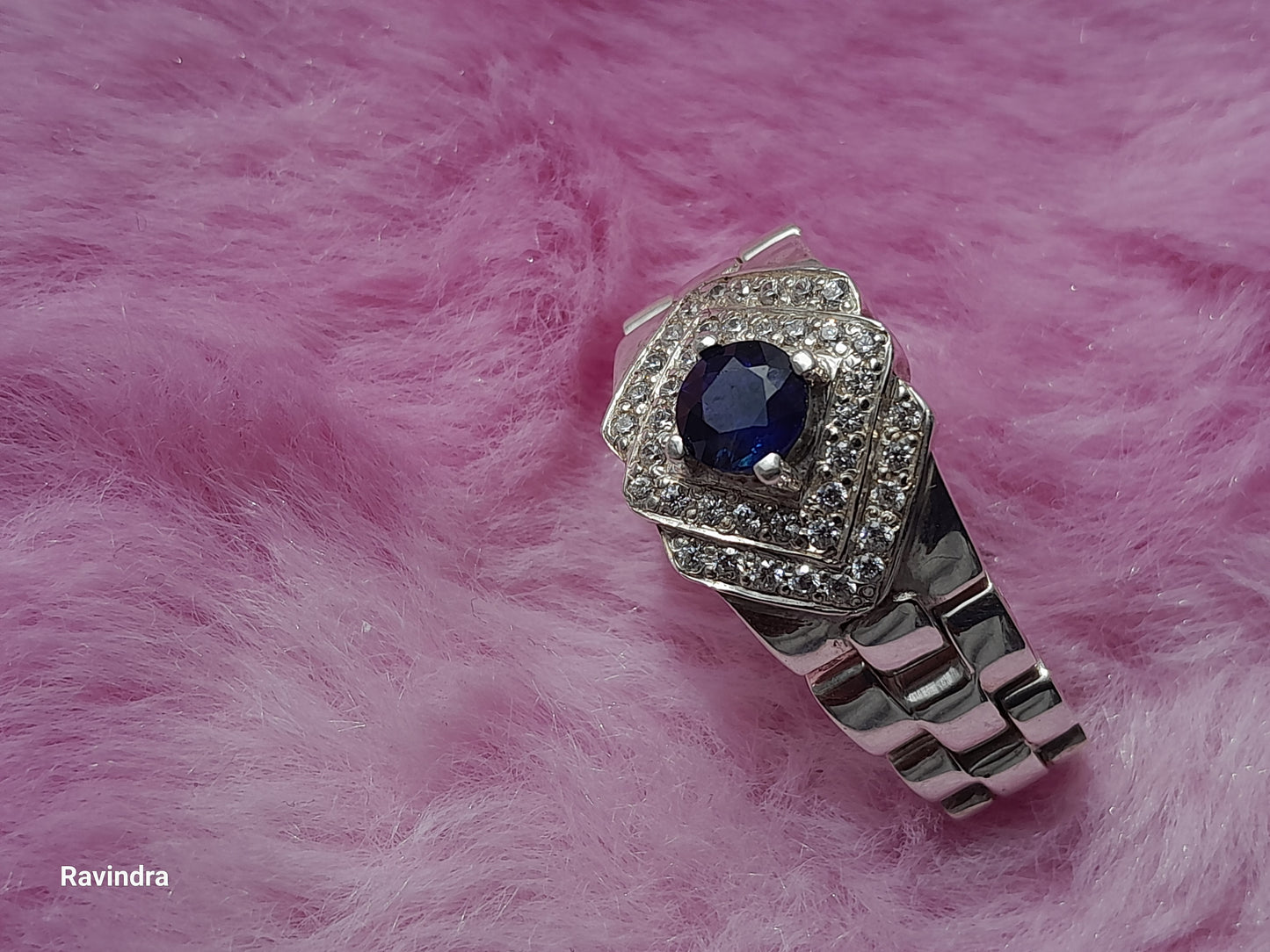 Natural Ceylon Blue Sapphire mounted Hand made 925 Sterling Silver Rolex mens' Ring (Certified)