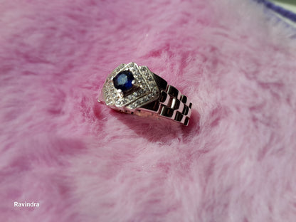 Natural Ceylon Blue Sapphire mounted Hand made 925 Sterling Silver Rolex mens' Ring (Certified)