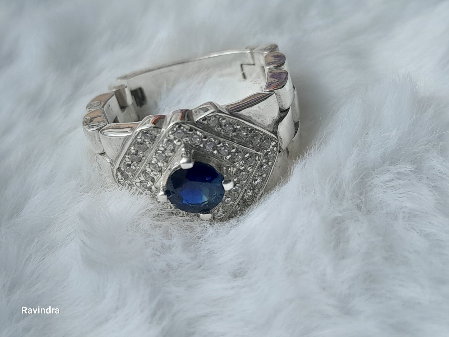 Natural Ceylon Blue Sapphire mounted Hand made 925 Sterling Silver Rolex mens' Ring (Certified)