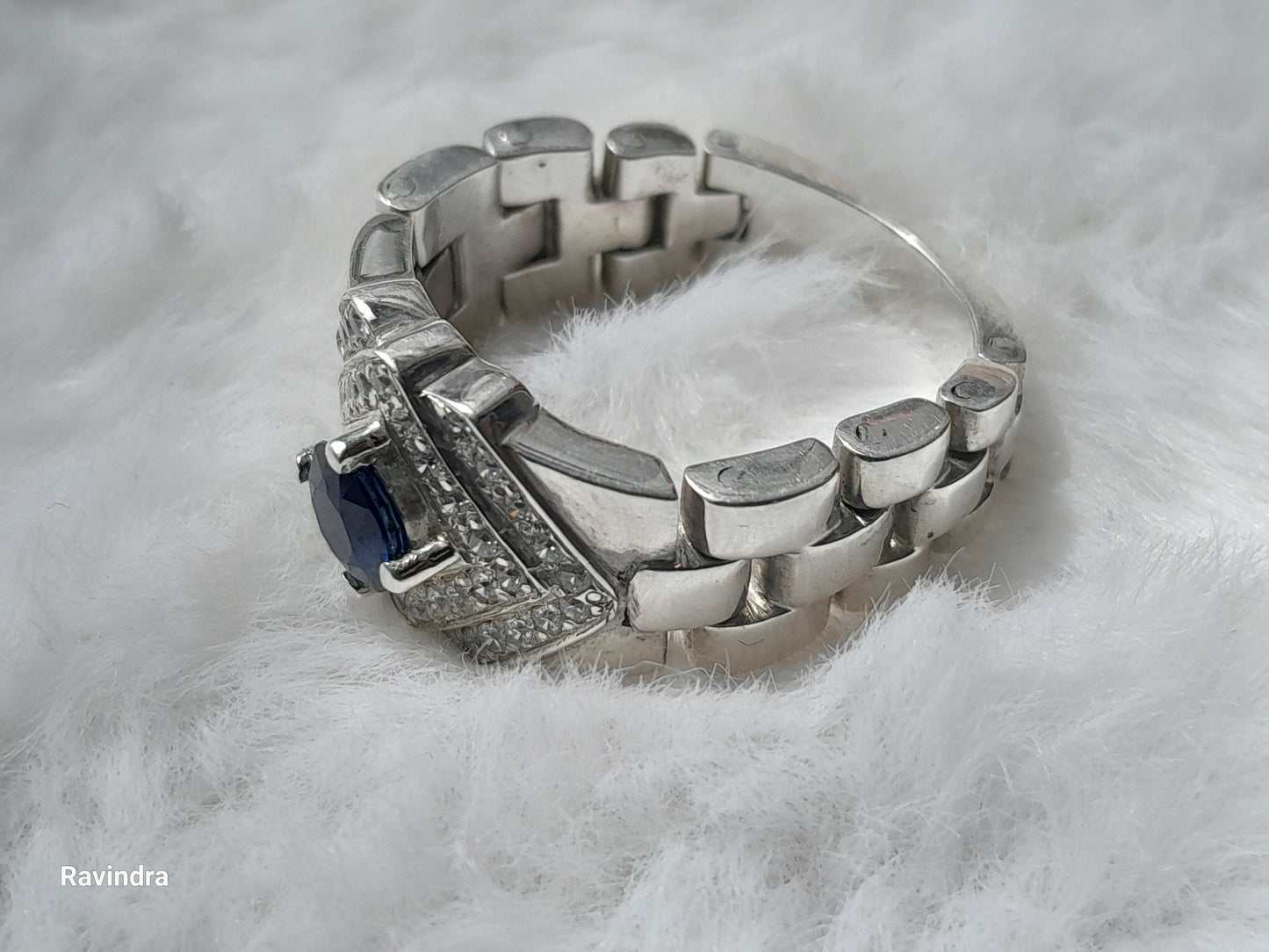 Natural Ceylon Blue Sapphire mounted Hand made 925 Sterling Silver Rolex mens' Ring (Certified)