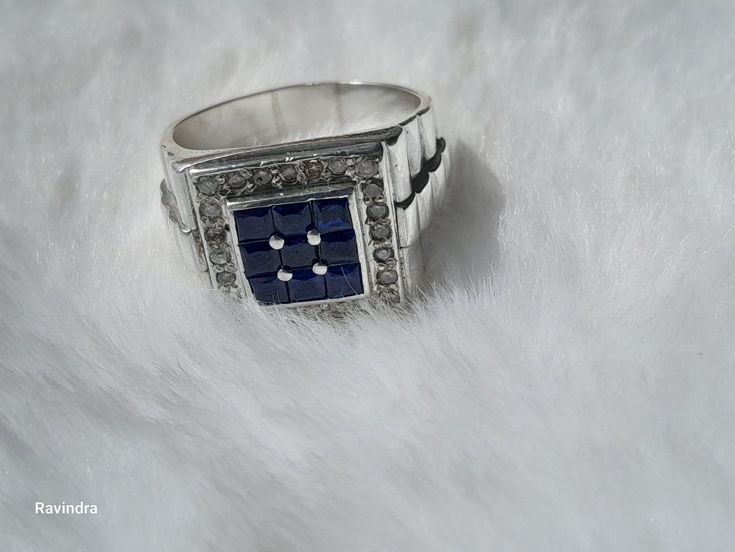 Elegant 925 Silver Mens' Ring - Natural Ceylon Blue Sapphires and Natural Diamonds (Certified)
