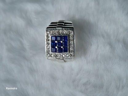 Elegant 925 Silver Mens' Ring - Natural Ceylon Blue Sapphires and Natural Diamonds (Certified)