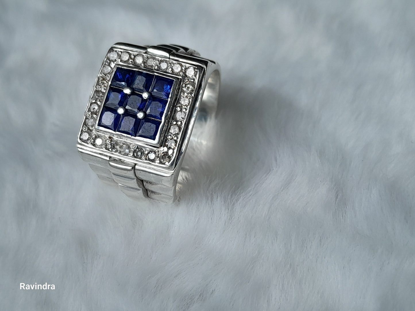 Elegant 925 Silver Mens' Ring - Natural Ceylon Blue Sapphires and Natural Diamonds (Certified)