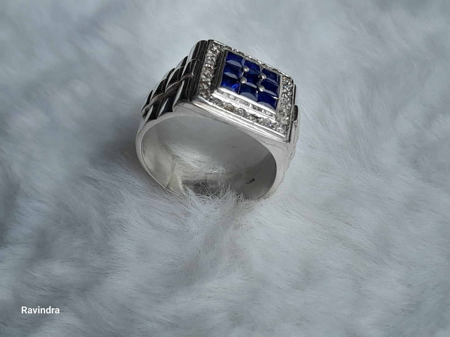 Elegant 925 Silver Mens' Ring - Natural Ceylon Blue Sapphires and Natural Diamonds (Certified)