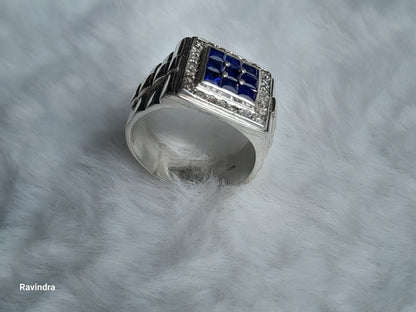 Elegant 925 Silver Mens' Ring - Natural Ceylon Blue Sapphires and Natural Diamonds (Certified)