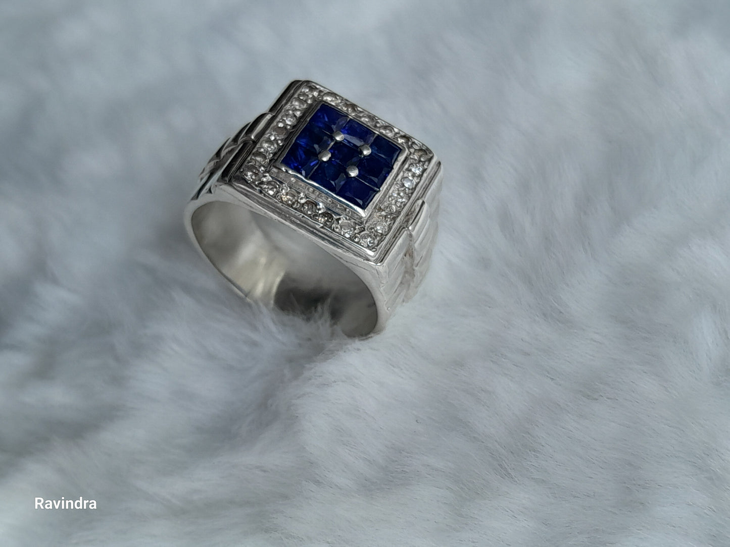 Elegant 925 Silver Mens' Ring - Natural Ceylon Blue Sapphires and Natural Diamonds (Certified)