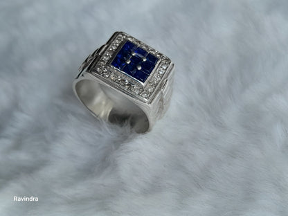 Elegant 925 Silver Mens' Ring - Natural Ceylon Blue Sapphires and Natural Diamonds (Certified)