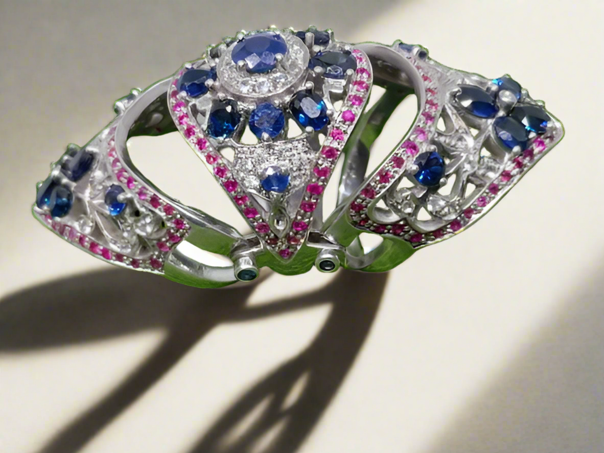 Handmade 925 Silver Ladies' Ring with natural Ceylon Blue and Pink Sapphires (Certified)