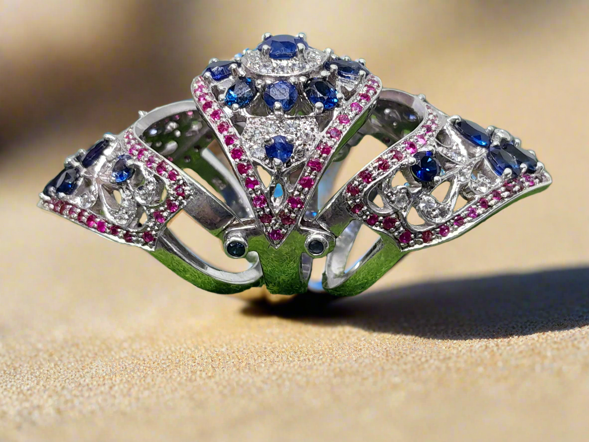 Handmade 925 Silver Ladies' Ring with natural Ceylon Blue and Pink Sapphires (Certified)