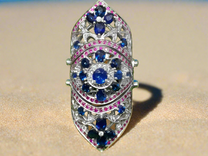 Handmade 925 Silver Ladies' Ring with natural Ceylon Blue and Pink Sapphires (Certified)