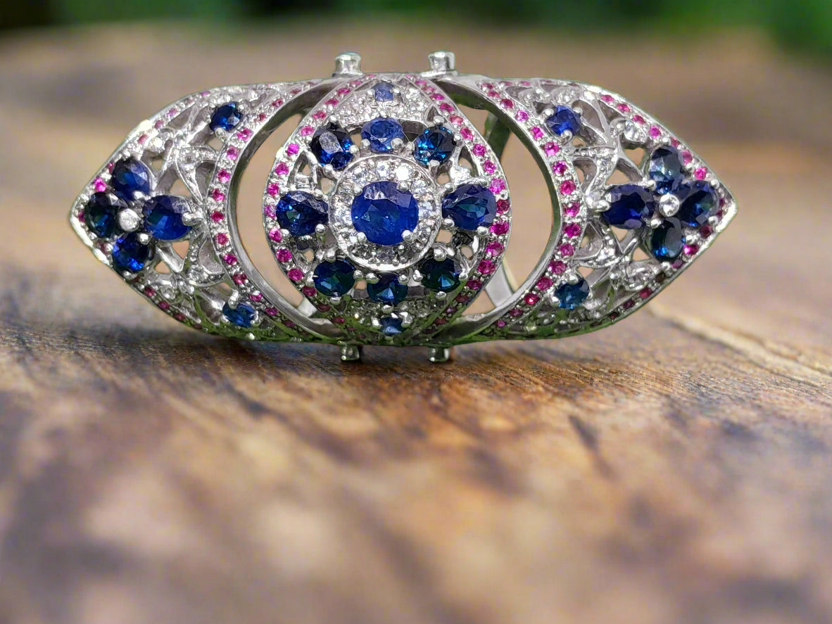 Handmade 925 Silver Ladies' Ring with natural Ceylon Blue and Pink Sapphires (Certified)