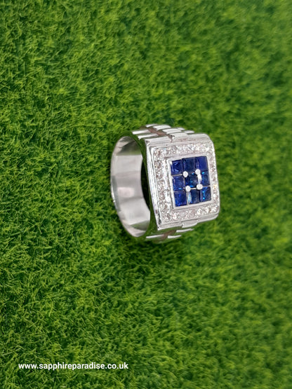 Elegant 925 Silver Mens' Ring - Natural Ceylon Blue Sapphires and Natural Diamonds (Certified)
