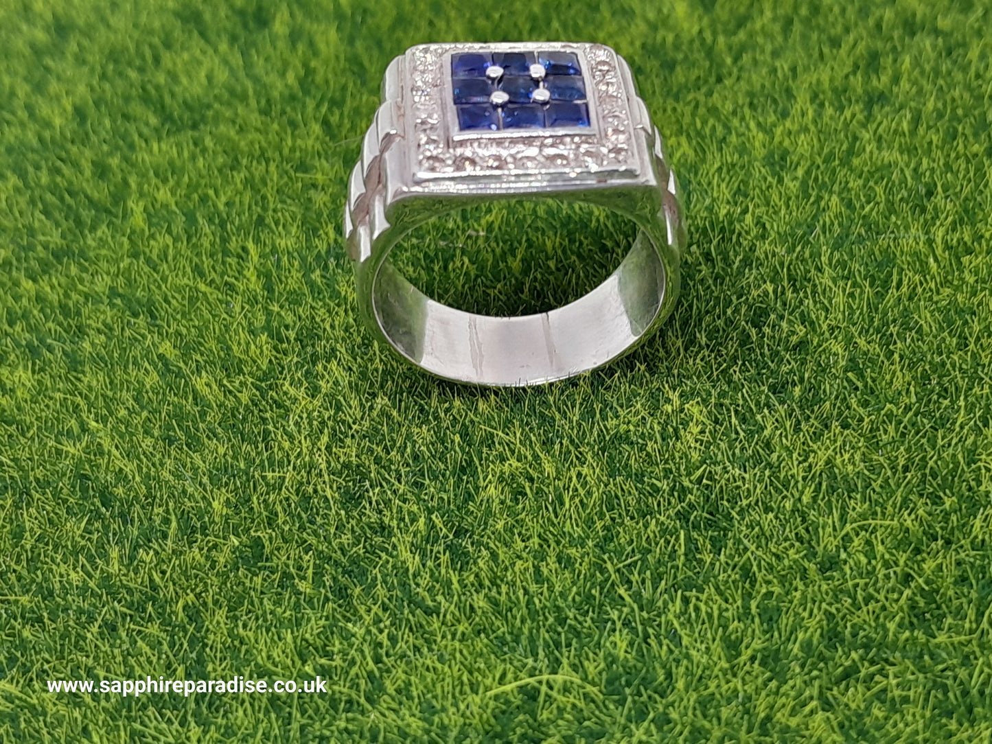 Elegant 925 Silver Mens' Ring - Natural Ceylon Blue Sapphires and Natural Diamonds (Certified)