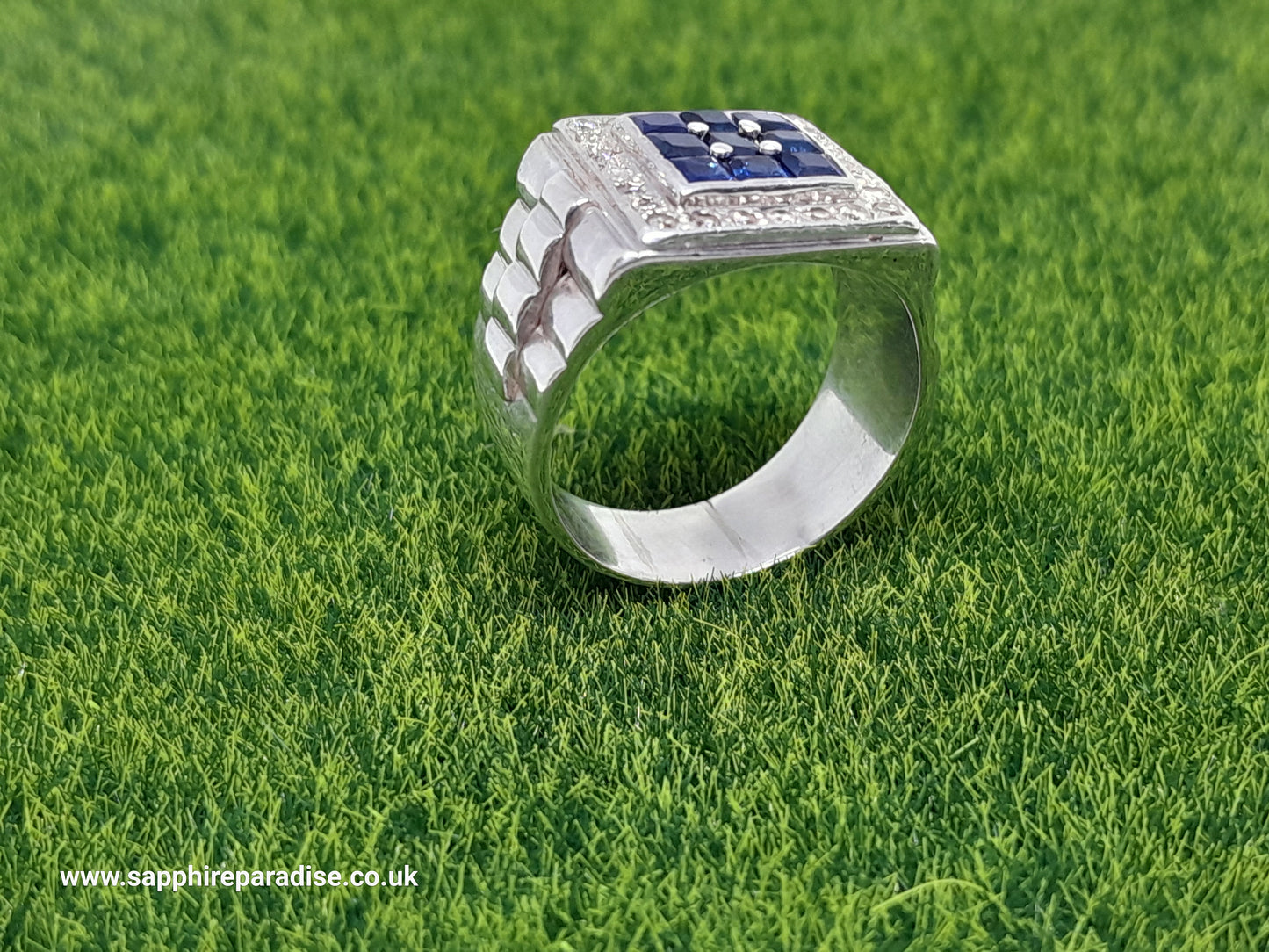 Elegant 925 Silver Mens' Ring - Natural Ceylon Blue Sapphires and Natural Diamonds (Certified)