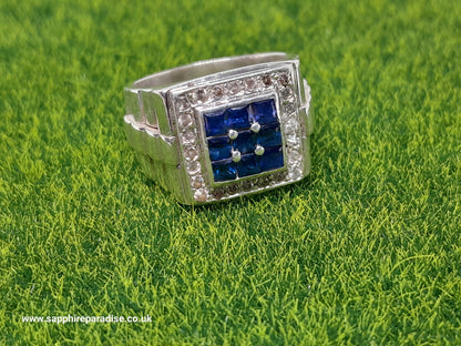 Elegant 925 Silver Mens' Ring - Natural Ceylon Blue Sapphires and Natural Diamonds (Certified)