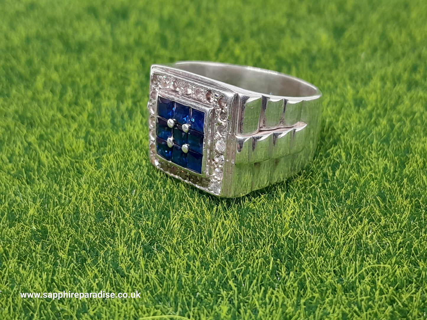 Elegant 925 Silver Mens' Ring - Natural Ceylon Blue Sapphires and Natural Diamonds (Certified)