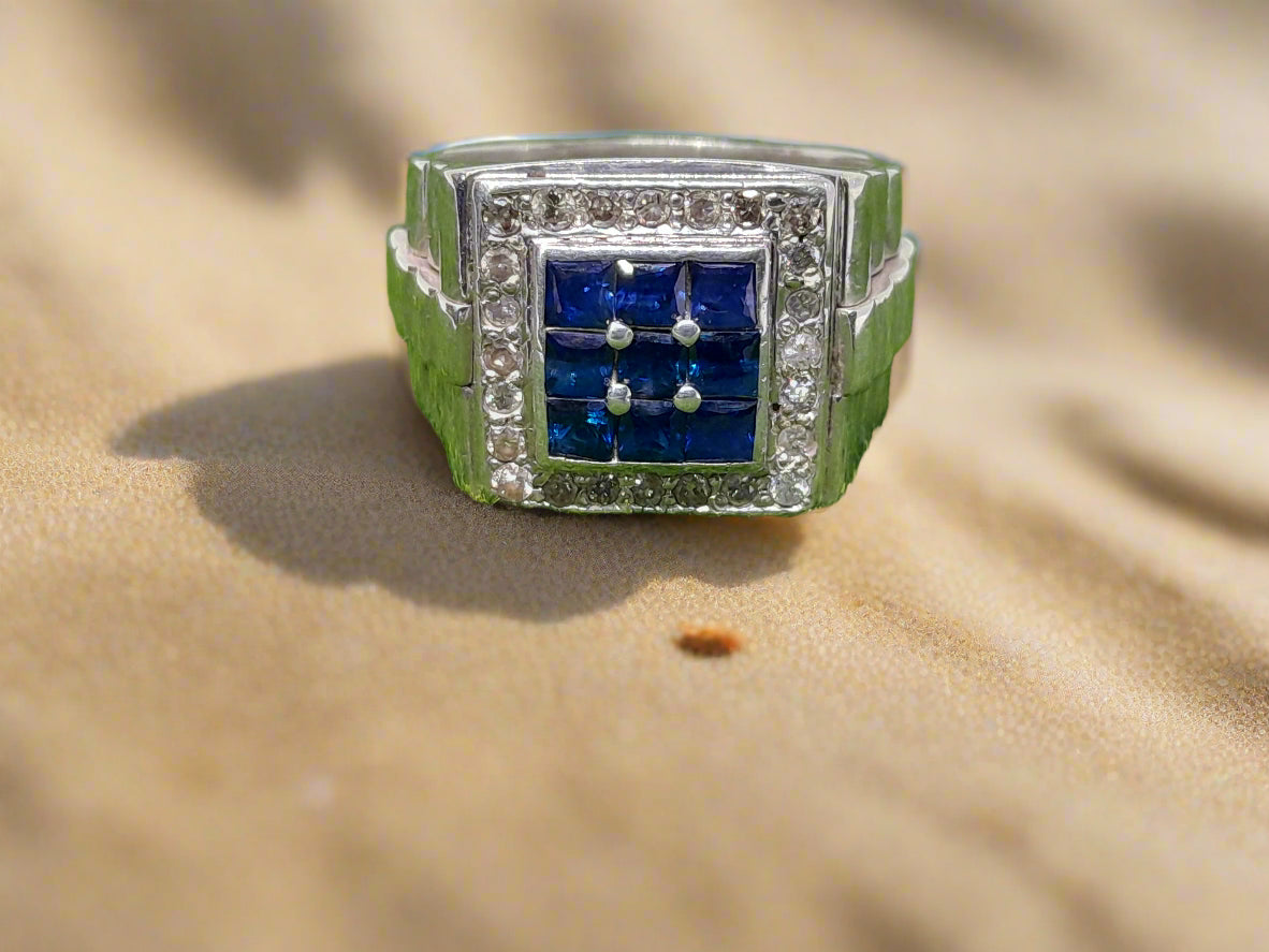 Elegant 925 Silver Mens' Ring - Natural Ceylon Blue Sapphires and Natural Diamonds (Certified)