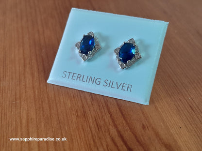 Sapphire Blue CZ Stud Earrings in Sterling Silver, Blue Oval Crystal Stud Earrings, September Birthstone, Vintage style blue earrings
