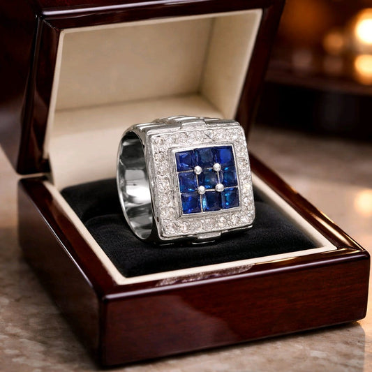 Elegant 925 Silver Mens' Ring - Natural Ceylon Blue Sapphires and Natural Diamonds (Certified)