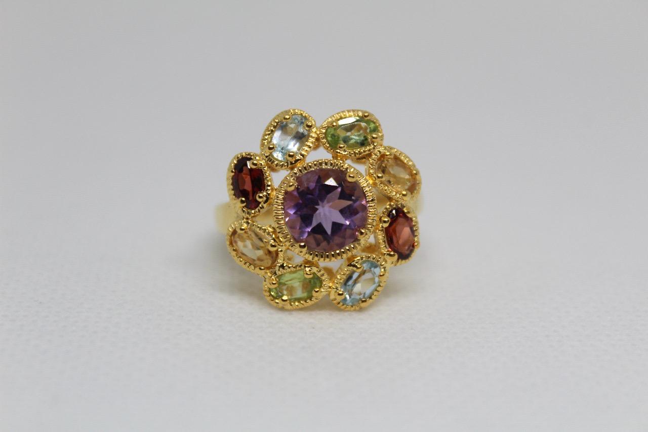 Sterling Silver Ring (Gold Plated) with multiple semi-precious stones