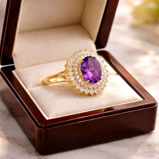 Sterling Silver (Gold Plated) Ring - Natural Amethyst