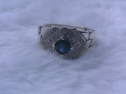 Natural Ceylon Blue Sapphire mounted Hand made 925 Sterling Silver Rolex mens' Ring (Certified)