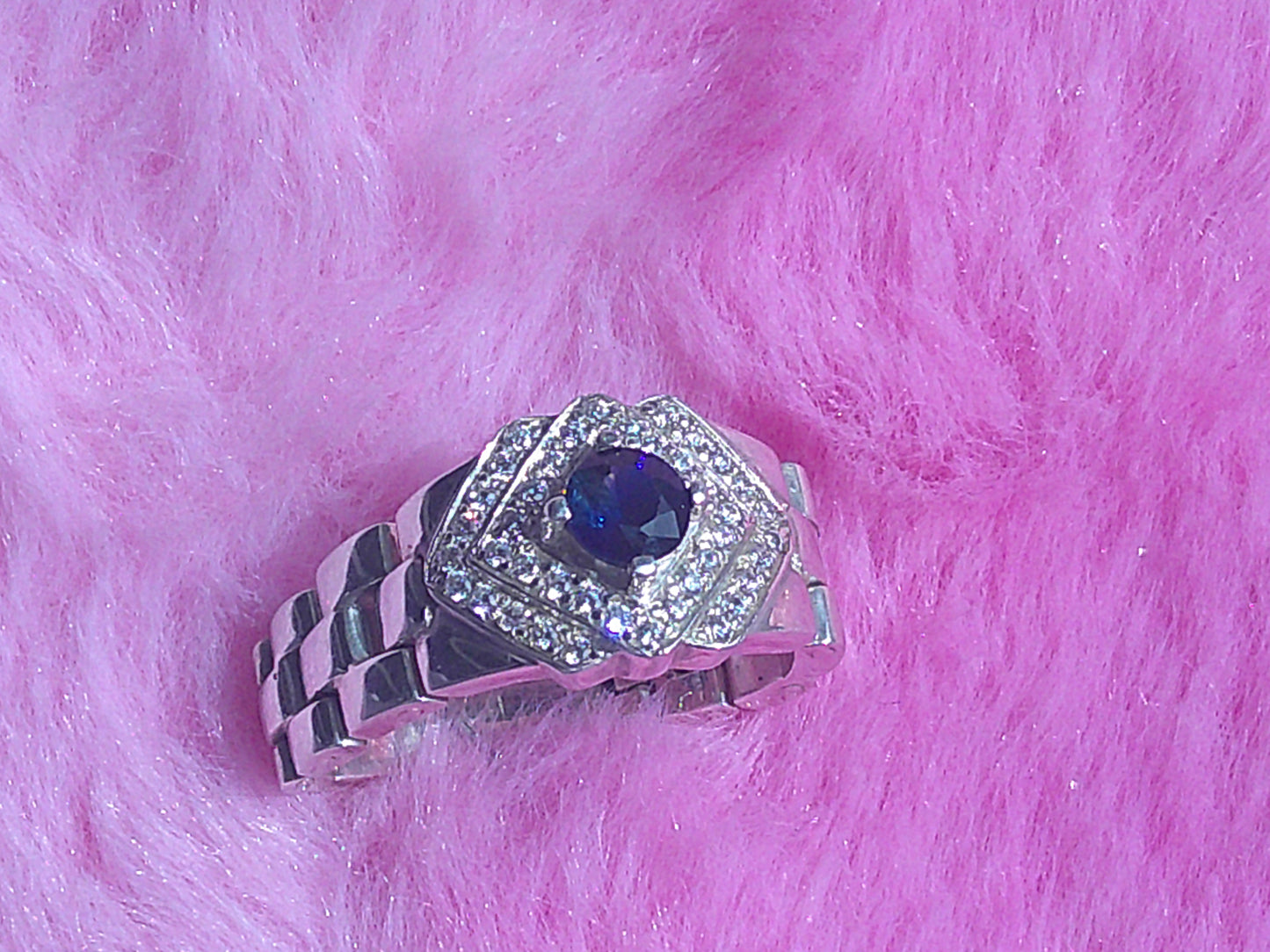 Natural Ceylon Blue Sapphire mounted Hand made 925 Sterling Silver Rolex mens' Ring (Certified)