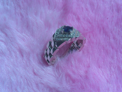 Natural Ceylon Blue Sapphire mounted Hand made 925 Sterling Silver Rolex mens' Ring (Certified)
