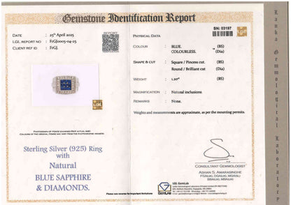Elegant 925 Silver Mens' Ring - Natural Ceylon Blue Sapphires and Natural Diamonds (Certified)