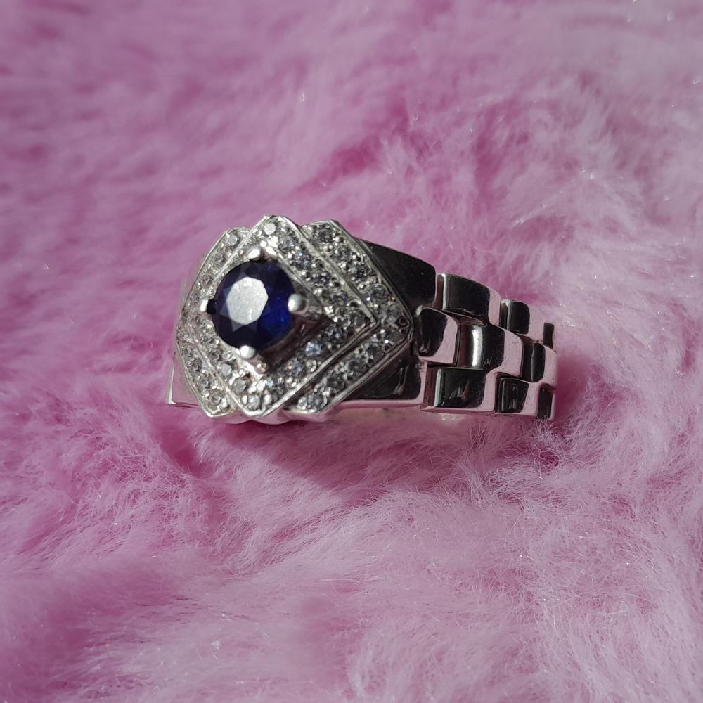 Natural Ceylon Blue Sapphire mounted Hand made 925 Sterling Silver Rolex mens' Ring (Certified)