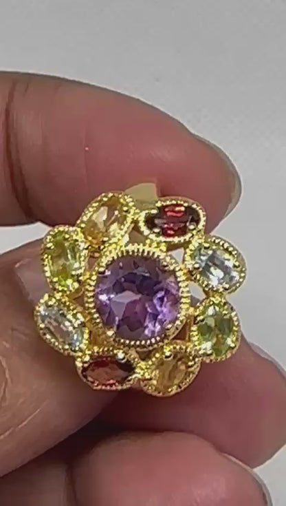 Sterling Silver Ring (Gold Plated) with multiple semi-precious stones